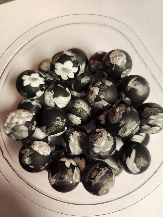 15mm Printed Silicone Beads- Black & White Floral