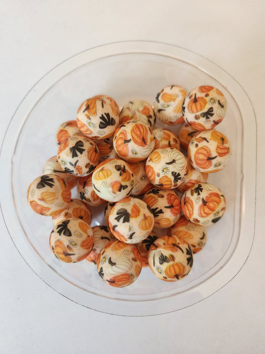 15mm Printed Silicone Beads- Fall Pumpkins