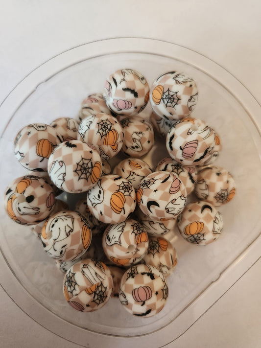 15mm Printed Silicone Beads-Checkered Ghosties & Bats