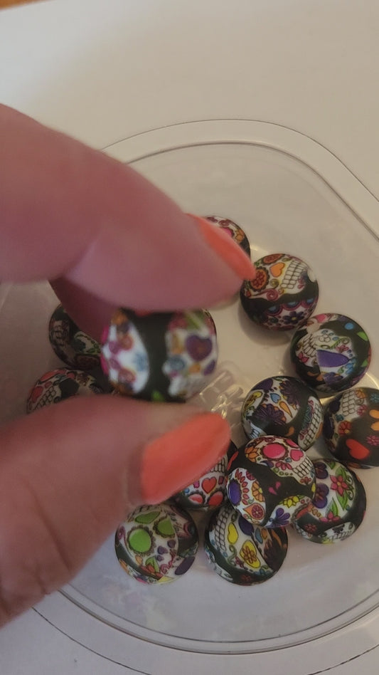 15mm Printed Silicone Beads-Sugar Skulls