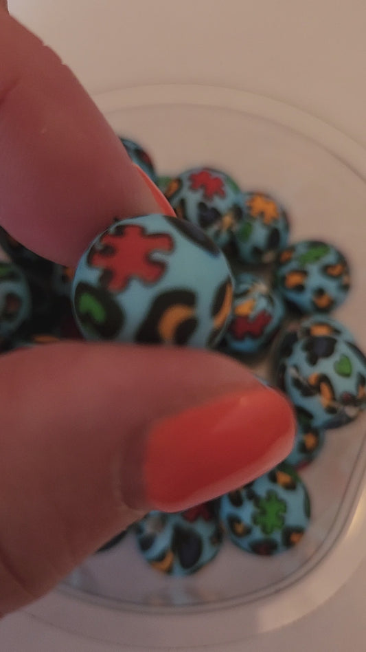 15mm Printed Silicone Beads-Leopard Autisim Awareness Puzzles