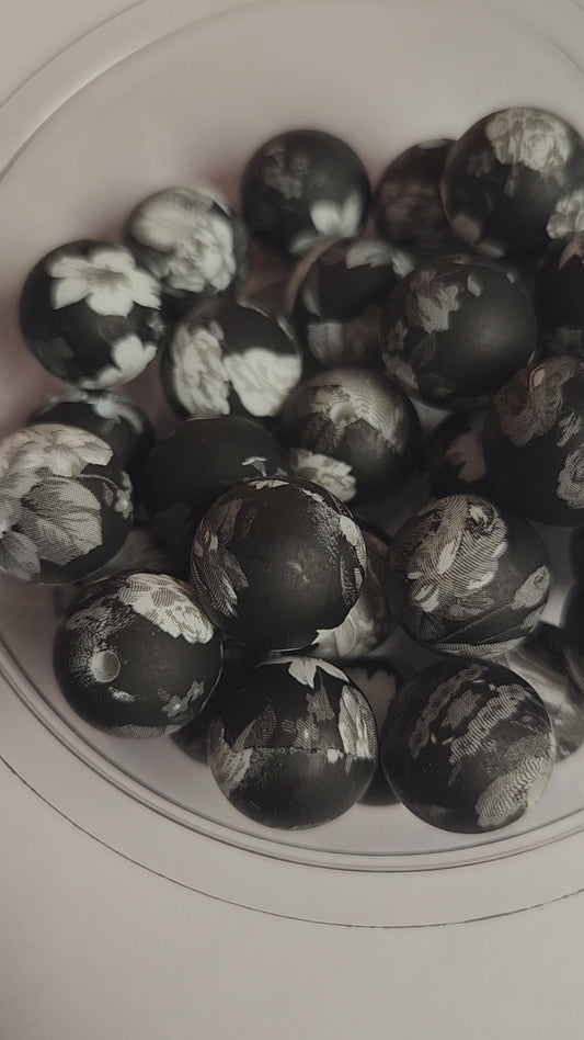 15mm Printed Silicone Beads- Black & White Floral