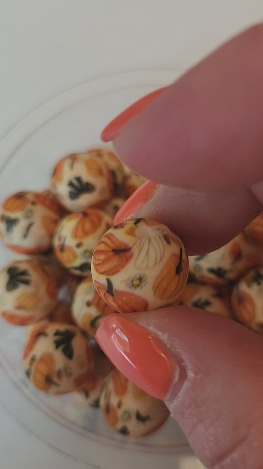 15mm Printed Silicone Beads- Fall Pumpkins