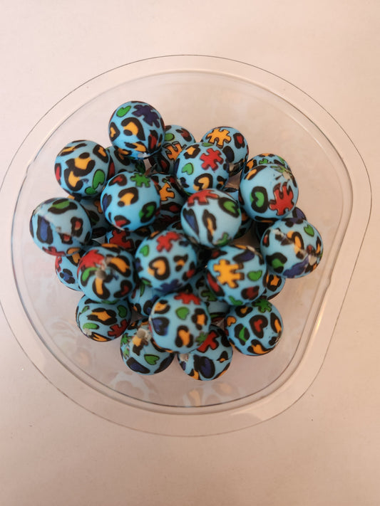 15mm Printed Silicone Beads-Leopard Autisim Awareness Puzzles